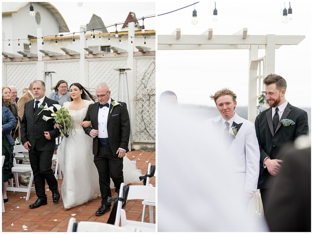 bride and her father walking down aisle for outdoor winter wedding as groom watches for this Wedding at The Rotunda at Lauxmont Farms
