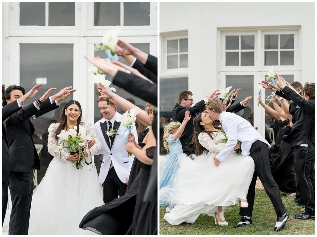 wedding party having fun with bride and groom for silly photos for this Wedding at The Rotunda at Lauxmont Farms