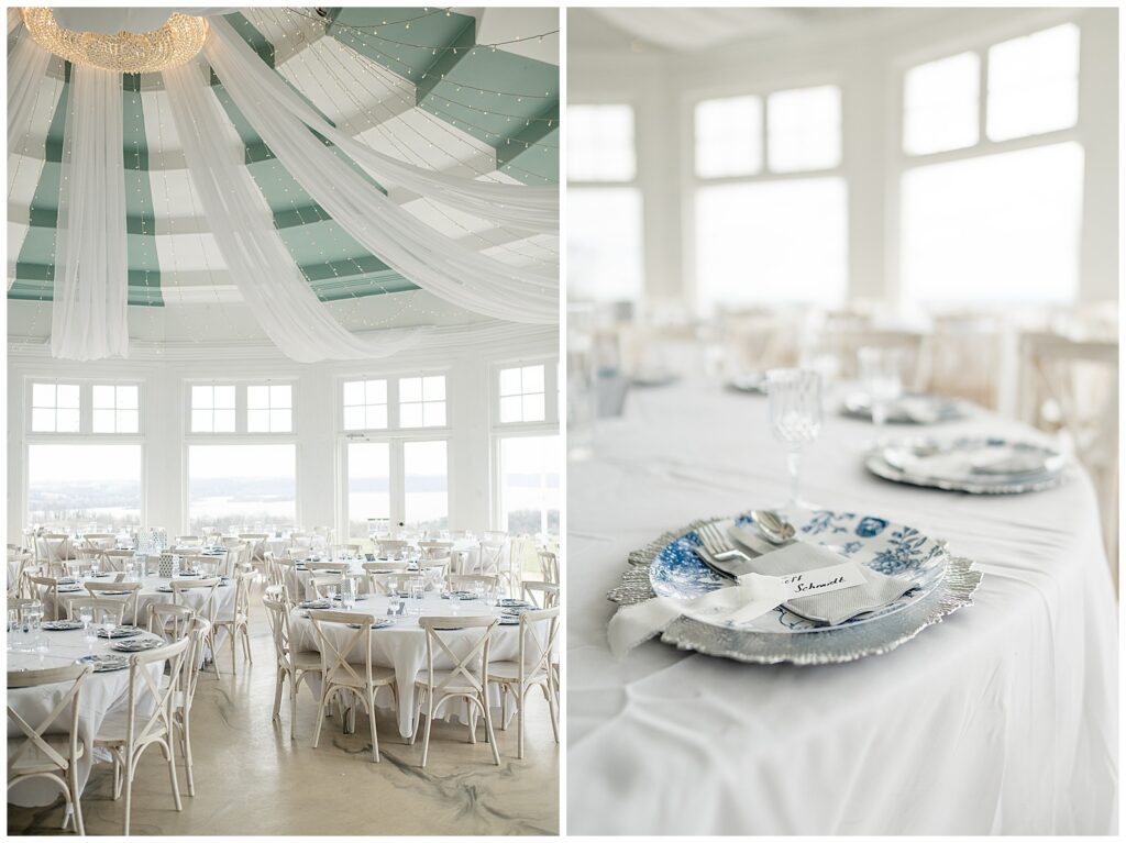 lovely indoor reception with white tables and light blue accents for this Wedding at The Rotunda at Lauxmont Farms