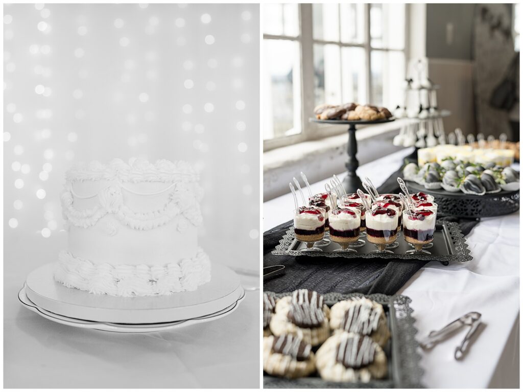 beautiful white wedding cake and fun cupcakes on display for guests for this Wedding at The Rotunda at Lauxmont Farms