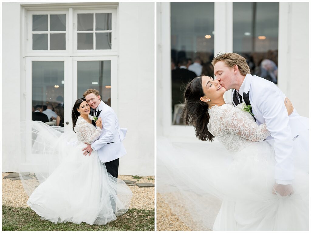 couple standing close and groom slightly dipping bride back for this Wedding at The Rotunda at Lauxmont Farms