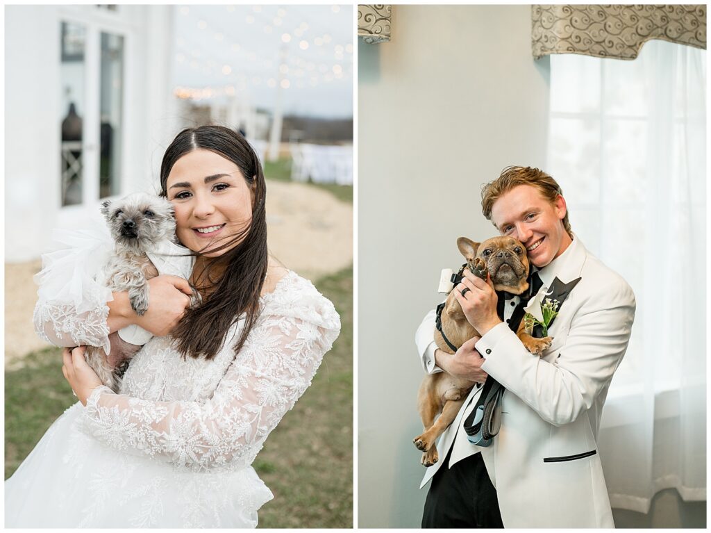 bride holding a pup and groom hugging a pup on winter day for this Wedding at The Rotunda at Lauxmont Farms