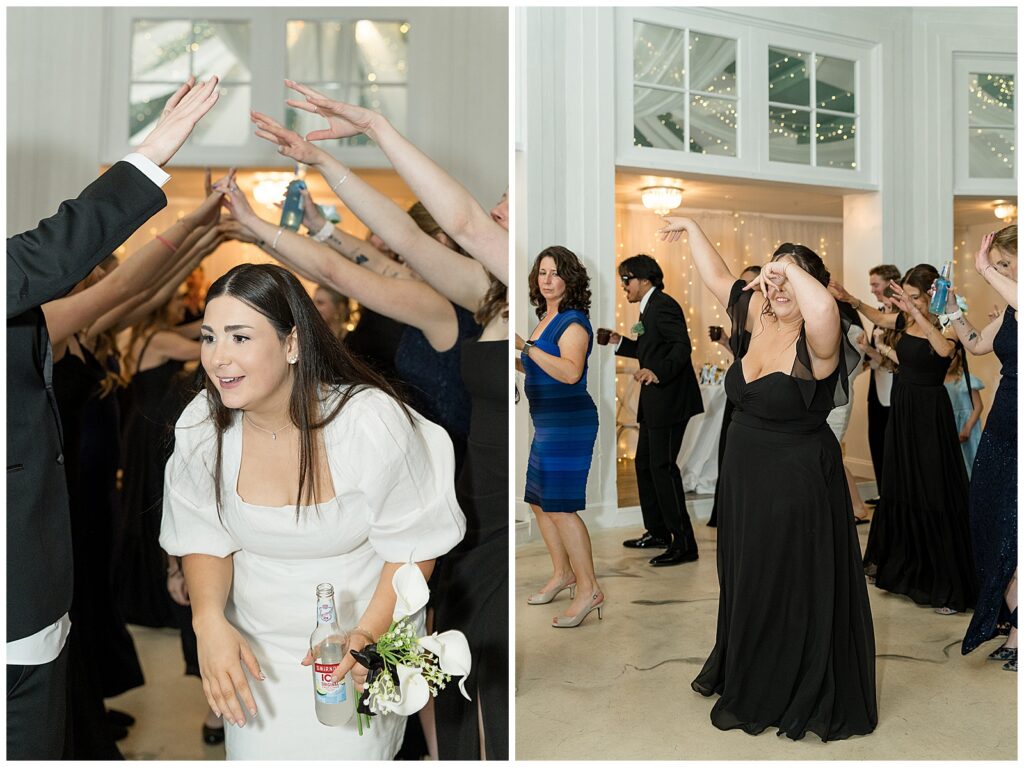 bride dancing and having fun with friends and family at indoor reception for this Wedding at The Rotunda at Lauxmont Farms