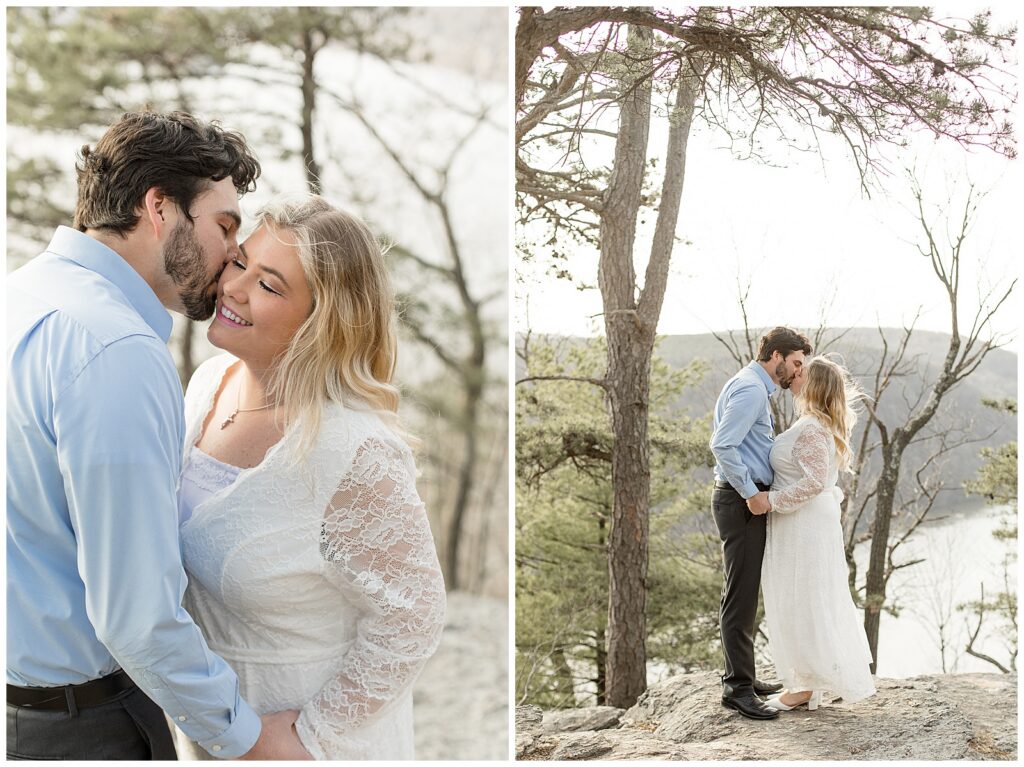guy kissing girl on her right cheek and also couple holding hands and kissing for this Pinnacle Point Spring Engagement Session