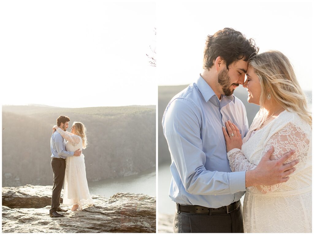 couple standing close on large rock with river and mountain behind them and also couple touching foreheads together for this Pinnacle Point Spring Engagement Session