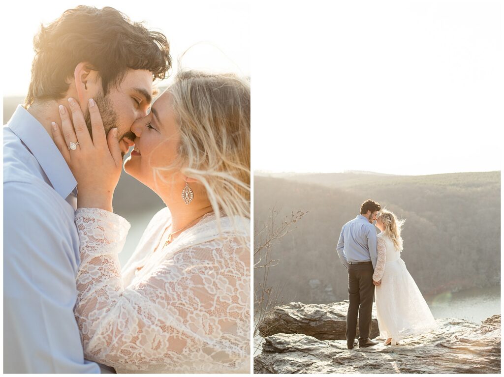 close up photo of engaged couple kissing at sunset and also couple standing close on ledge for this Pinnacle Point Spring Engagement Session