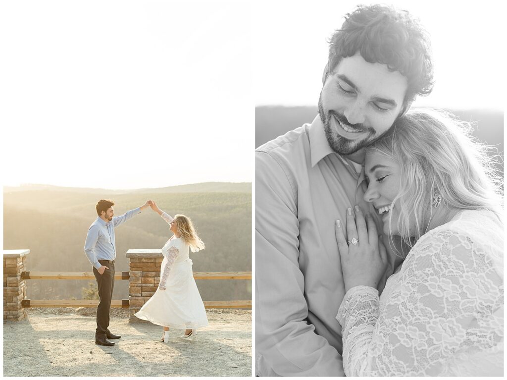 man twirling woman under his left hand and also black and white photo of woman resting on man's chest for this Pinnacle Point Spring Engagement Session