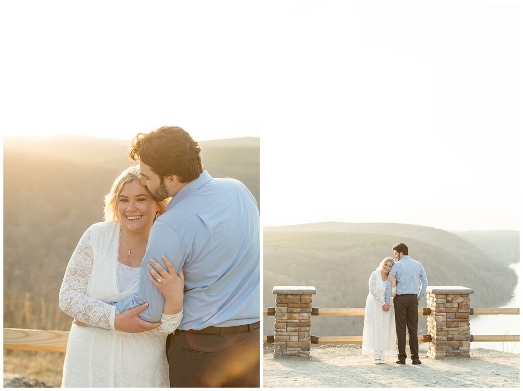 woman hugging man's left arm as his back is to camera and he kisses her left temple for this Pinnacle Point Spring Engagement Session