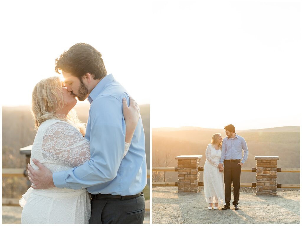couple kissing and also woman holding onto man's right arm as he looks down at her for this Pinnacle Point Spring Engagement Session