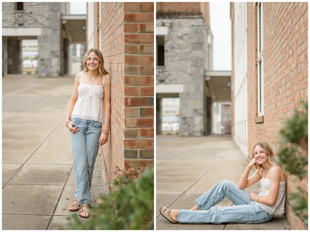 spring founders hall senior session with girl in white flowy shirt and light jeans