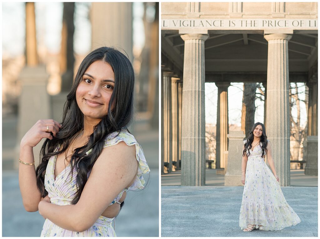 senior girl with left shoulder to camera and also senior girl standing by tall concrete columns for this Spring Masonic Village Senior Session