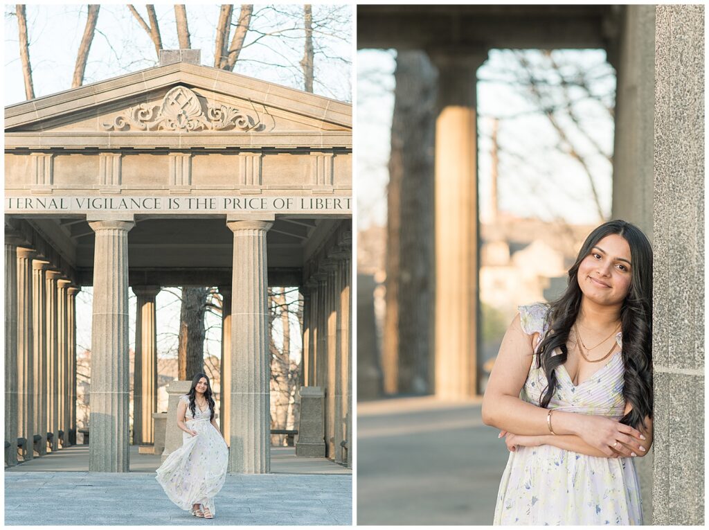 senior girl in front of concrete structure and also senior girl leaning against column for this Spring Masonic Village Senior Session