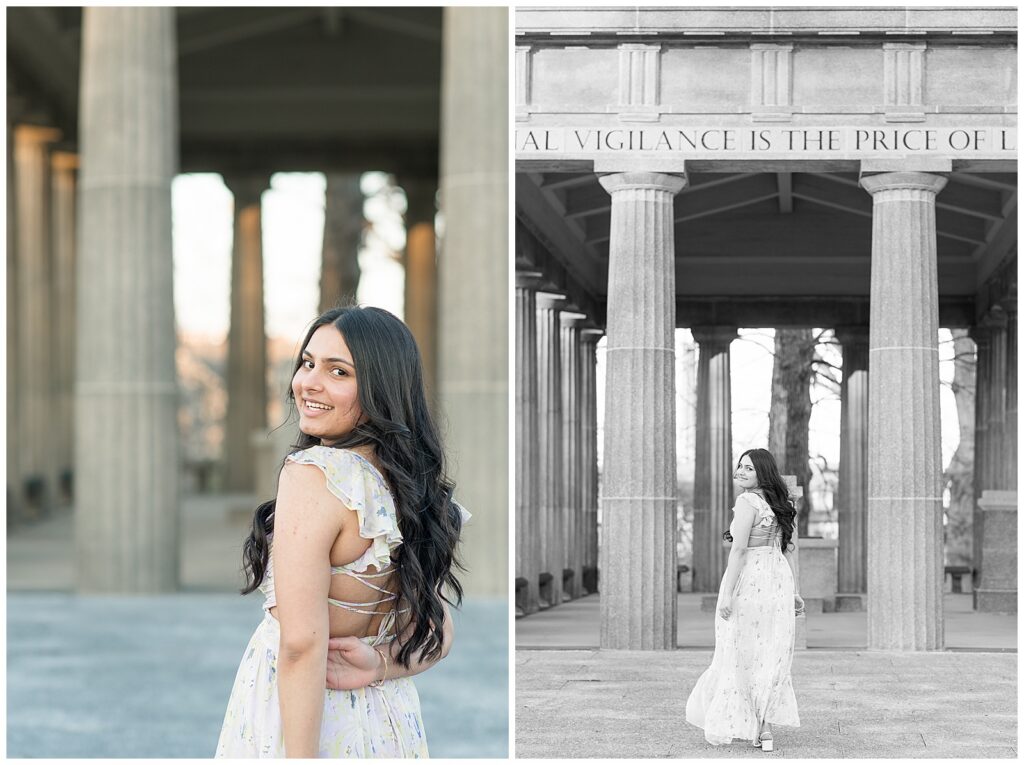 senior girl with back to camera and looking back over her left shoulder for this Spring Masonic Village Senior Session