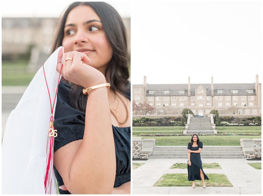 senior girl holding graduation cap and looking back over right shoulder and also senior girl standing in lawn with huge building behind her for this Spring Masonic Village Senior Session