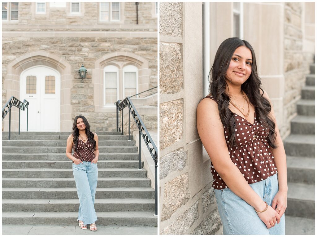 senior girl standing by staircase in brown tank top and wide leg jeans for this Spring Masonic Village Senior Session
