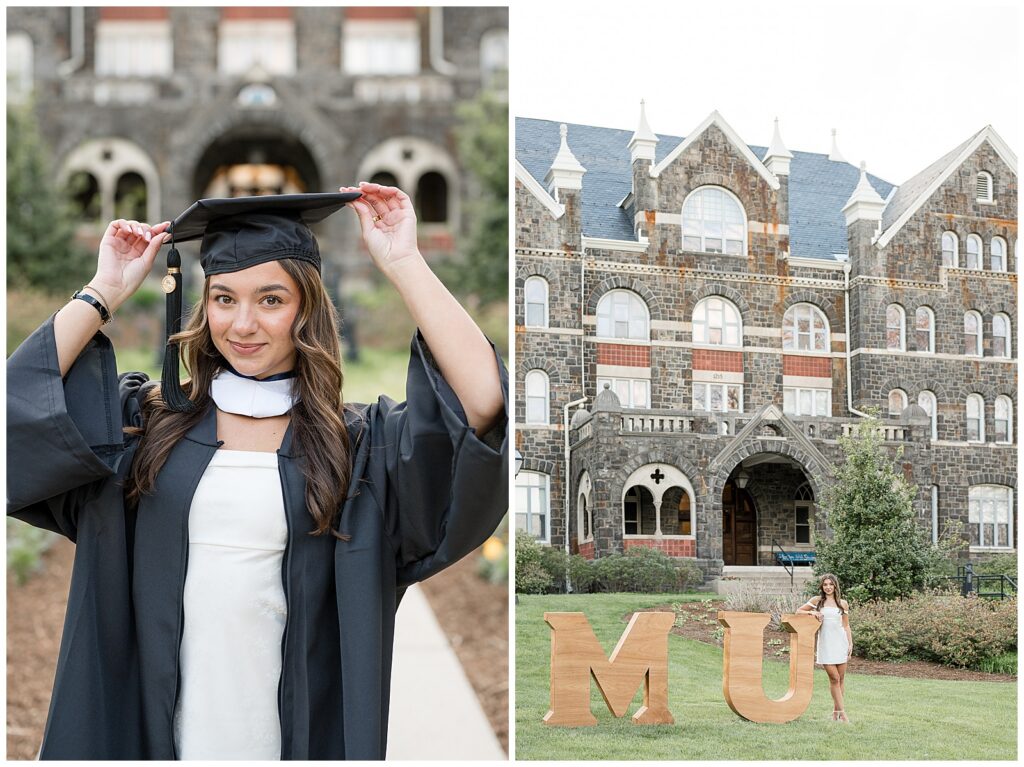 grad holding on to cap on head wearing gown 