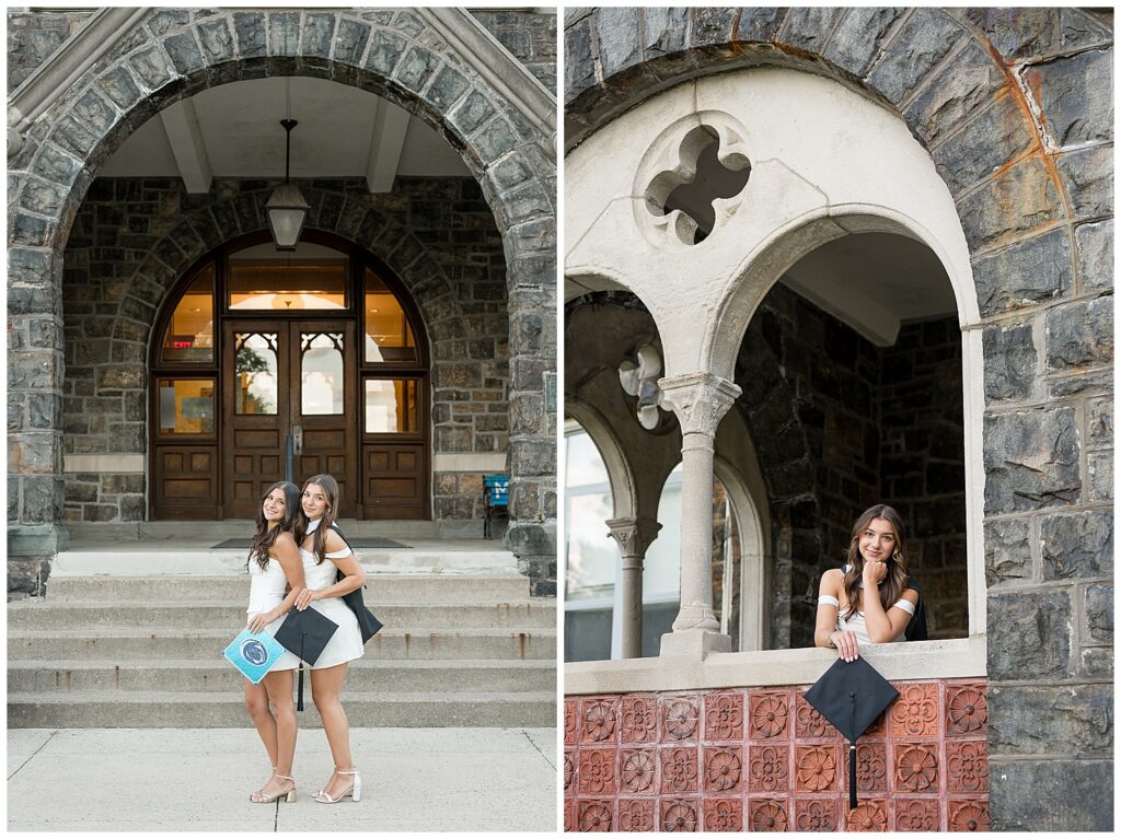 one sister graduating college and other graduating high school taking photos together