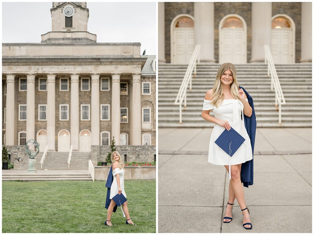 Girl Penn State graduate photos in front of Old Main