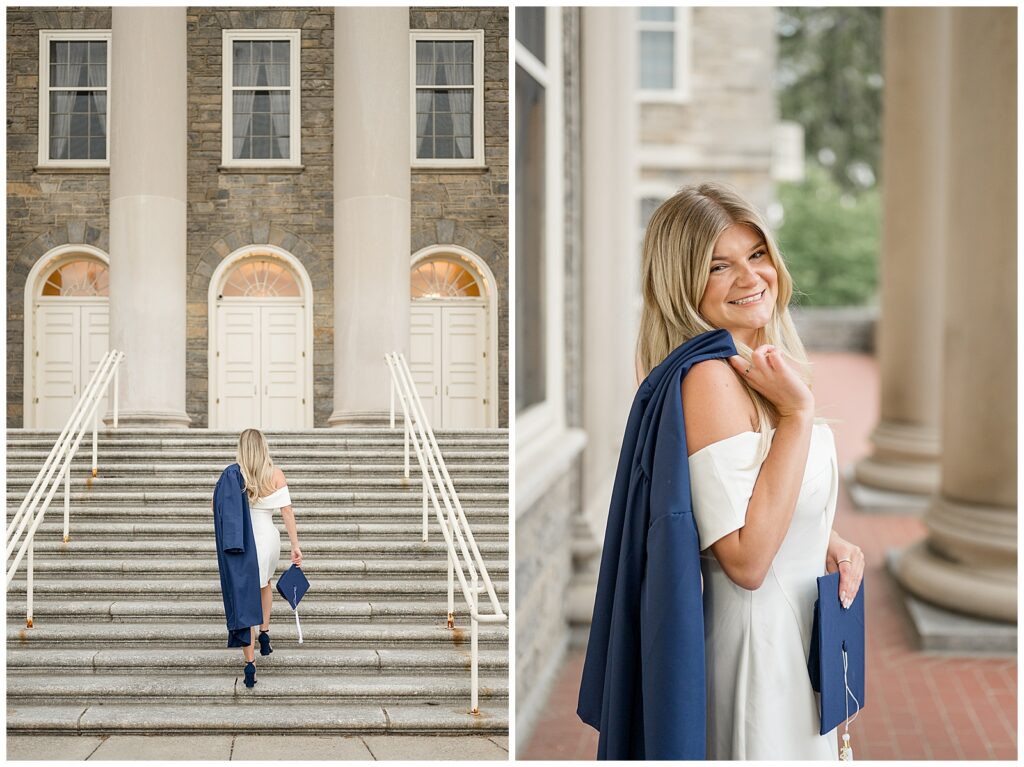 Penn State graduate girl cap and gown photos at Old Main
