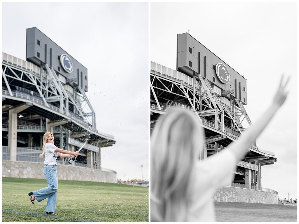 grad girl popping champagne in front of Beaver Stadium at Penn State University