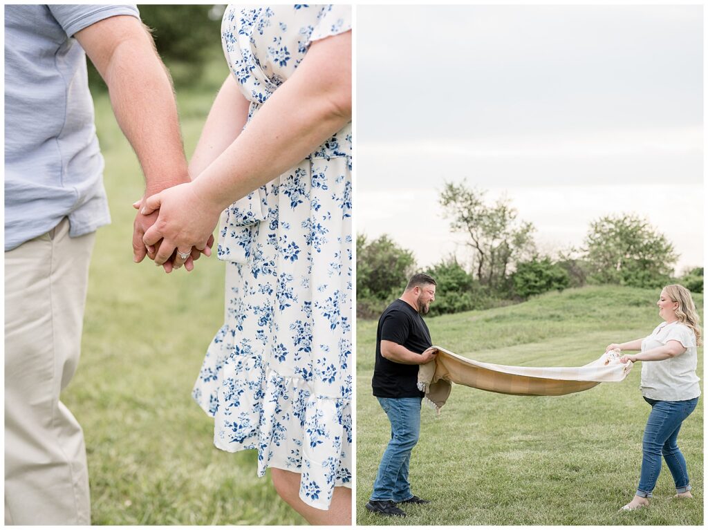 couple having picnic during their engagement session