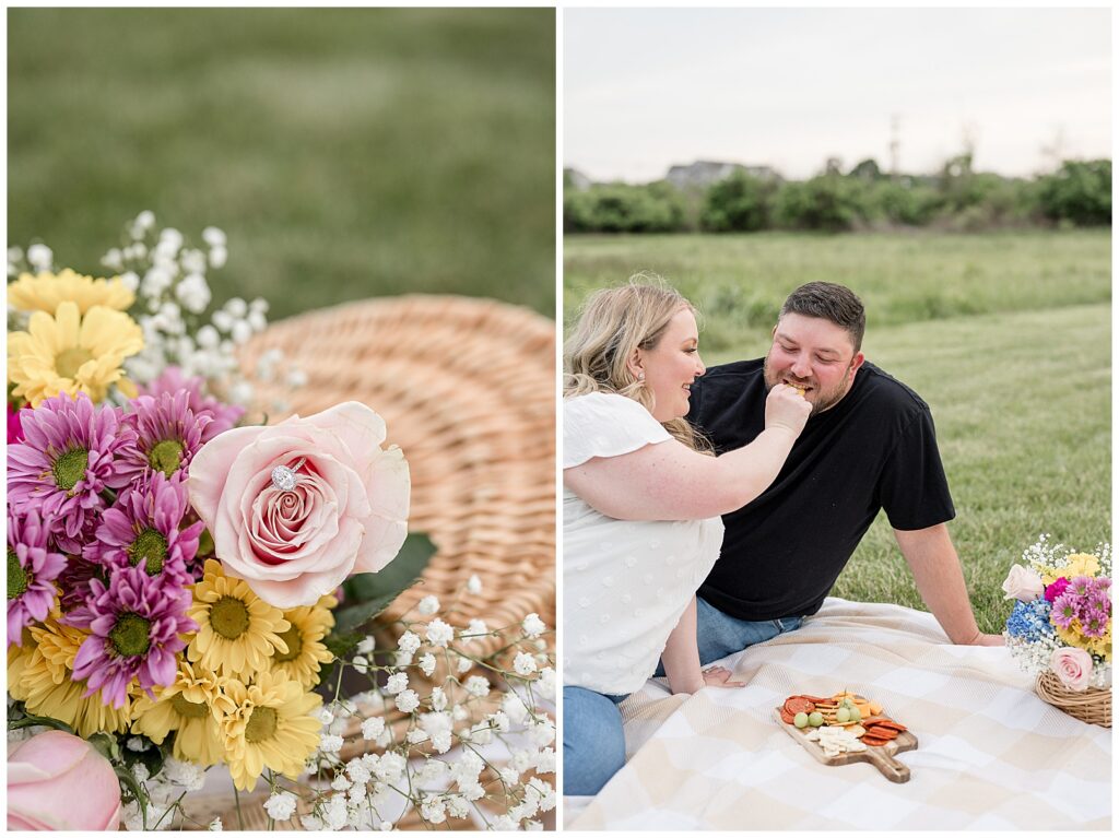 couple having picnic during their engagement session