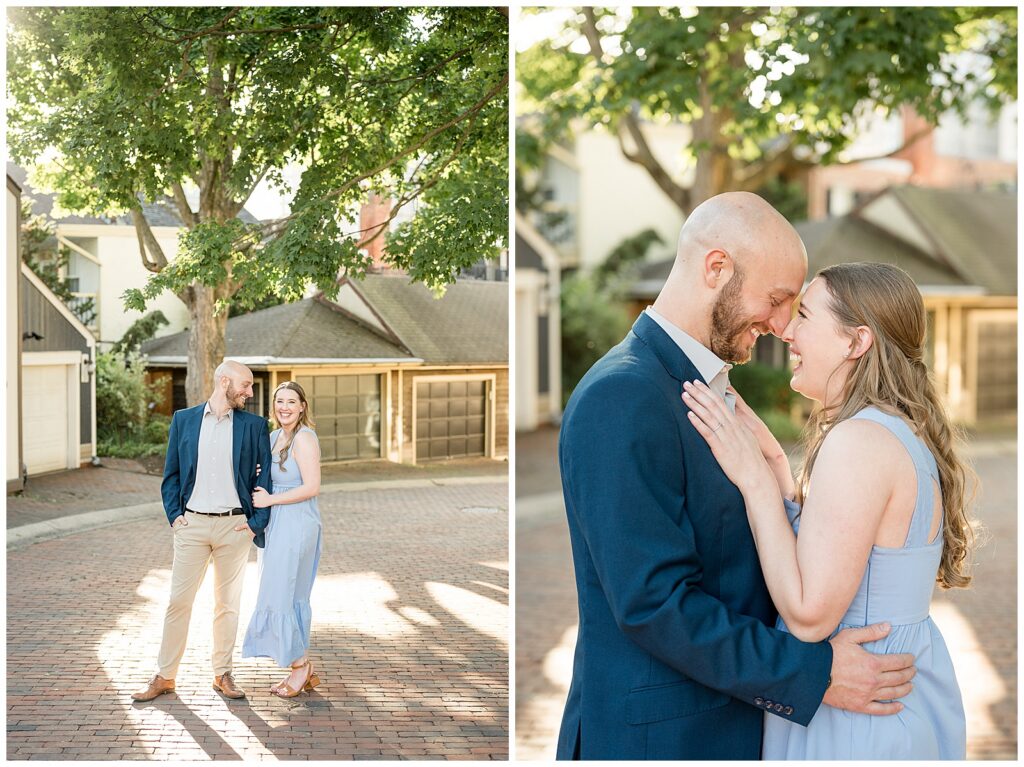 Engaged couple laughing together on a brick-lined street in downtown Lancaster Pennsylvania during their summer engagement session