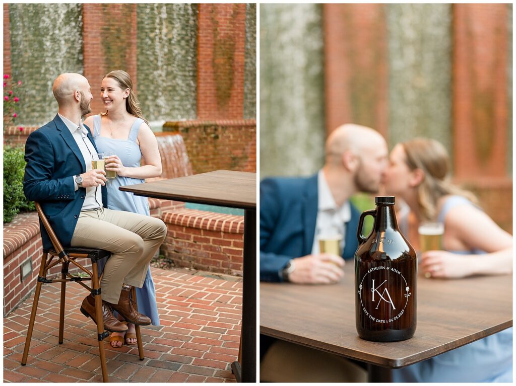 Engaged couple enjoying drinks at South County Brewery in Lancaster PA during their engagement session, with a custom engraved growler save the date in the foreground