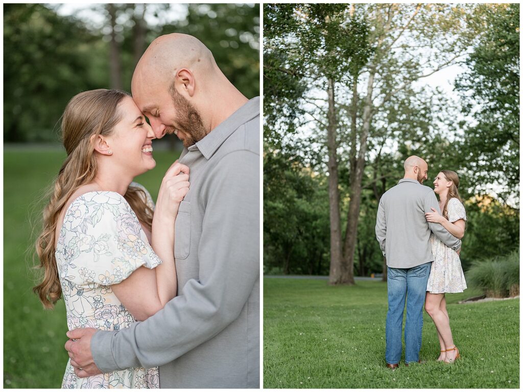 Engaged couple nose to nose smiling and posing among tall trees at Lancaster County Central Park Pennsylvania, outdoor summer engagement session