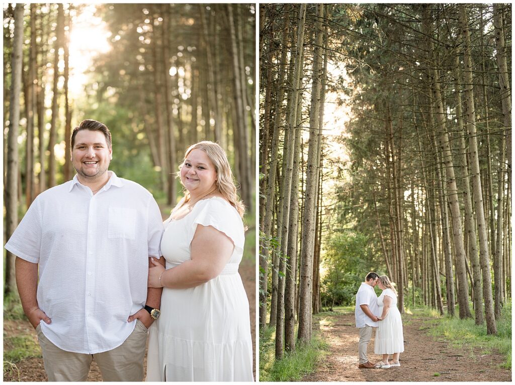 Engaged couple smiling together and touching foreheads in a pine tree grove at Overlook Park Lancaster Pennsylvania, golden hour engagement session by Heather Marie Photography