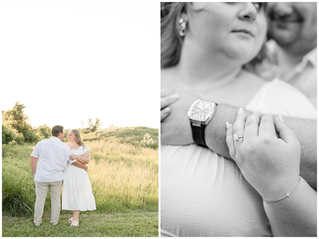 Engaged couple standing together in glowing golden meadow at Overlook Park Lancaster PA, alongside black and white detail photo of emerald cut diamond engagement ring
