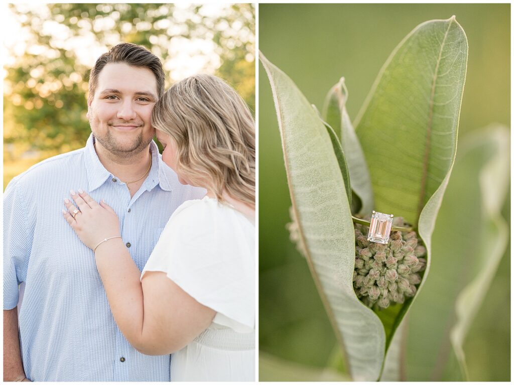 Engaged couple portrait in golden field alongside a close-up of an emerald cut diamond engagement ring resting on a milkweed plant, Overlook Park Lancaster PA