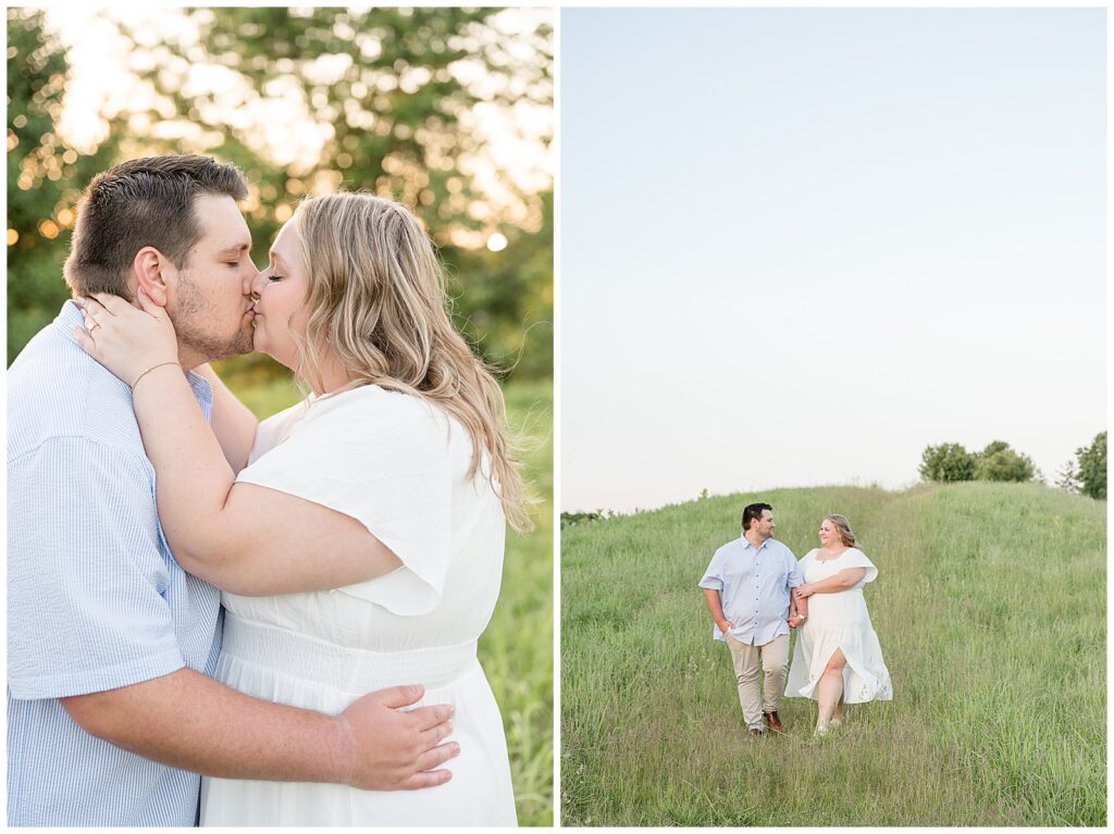 Engaged couple sharing a passionate kiss in an open field and walking hand in hand up a grassy hill at Overlook Park Lancaster Pennsylvania at sunset