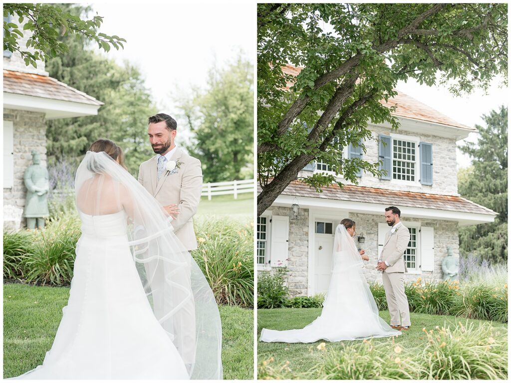 Groom turning around to see his bride for the first time during their first look at Bluestone Estate summer wedding | Heather Marie Photography
