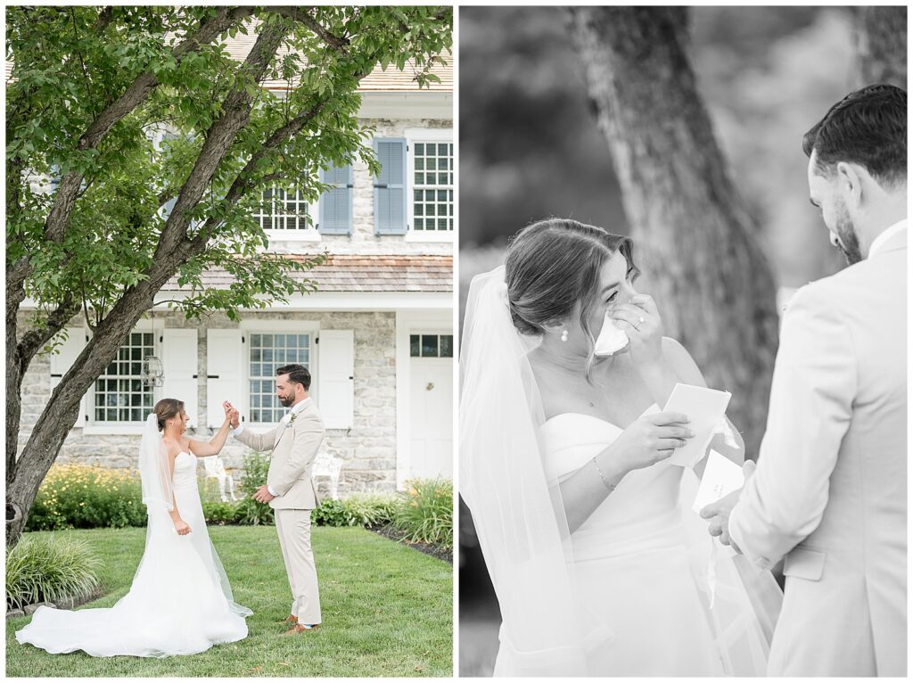 Groom taking his bride's hands and spinning her during their first look at Bluestone Estate summer wedding | Heather Marie Photography // Black and white close-up of bride crying while reading her vows during the first look at Bluestone Estate | Heather Marie Photography