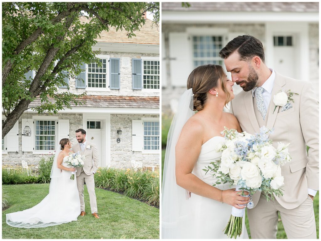 Bride and groom walking hand in hand through the garden at Bluestone Estate summer wedding | Heather Marie Photography // Close-up portrait of bride and groom nuzzling foreheads, bride holding her white and blue bouquet at Bluestone Estate | Heather Marie Photography