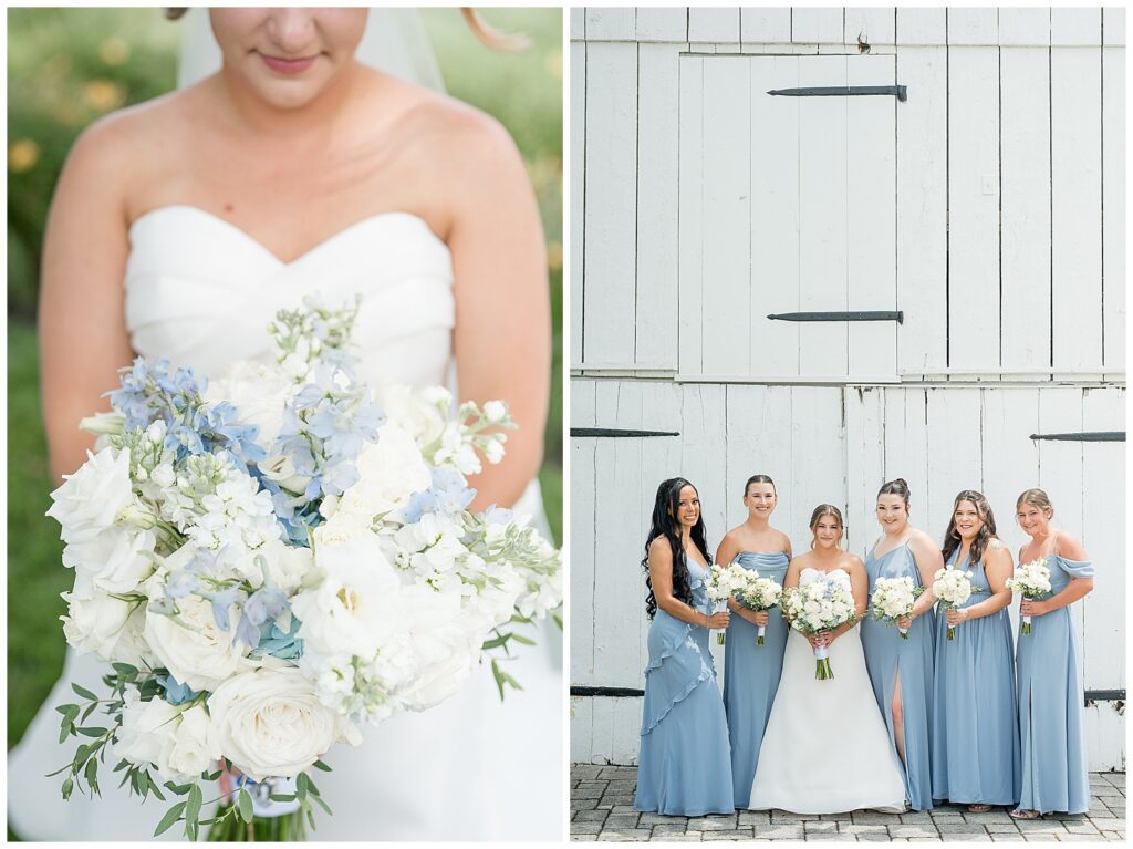 Close-up of bride holding her white and dusty blue bouquet of garden roses, ranunculus, and delphinium at Bluestone Estate summer wedding | Heather Marie Photography // Bride with her five bridesmaids in dusty blue gowns holding white bouquets, posed in front of the white barn doors at Bluestone Estate | Heather Marie Photography