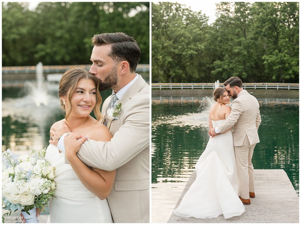 Close-up romantic portrait of groom kissing his bride's temple near the Bluestone Estate fountain at dusk | Heather Marie Photography // Bride and groom embracing on the dock at Bluestone Estate with the illuminated fountain and string lights behind them at sunset | Heather Marie Photography