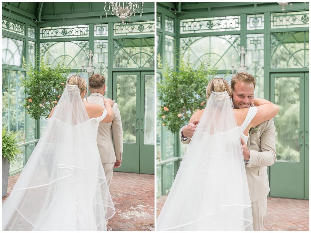 Bride tapping her groom on the shoulder from behind during their rainy first look in the solarium at Stone Gables Estate beside a photo of the groom turning around with a huge smile to embrace her, Heather Marie Photography