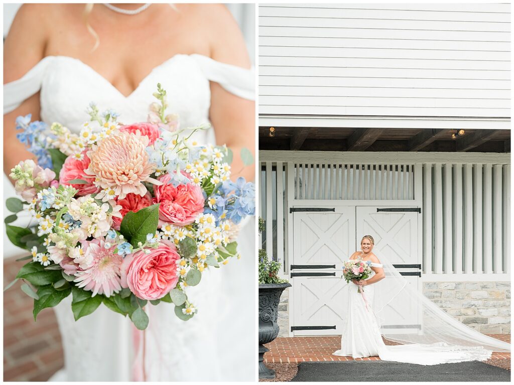 Close-up of the bride's lush garden-style bouquet with coral dahlias, pink garden roses, blue delphinium, and white chamomile daisies beside a bridal portrait with cathedral veil in front of white barn doors at Stone Gables Estate, Heather Marie Photography