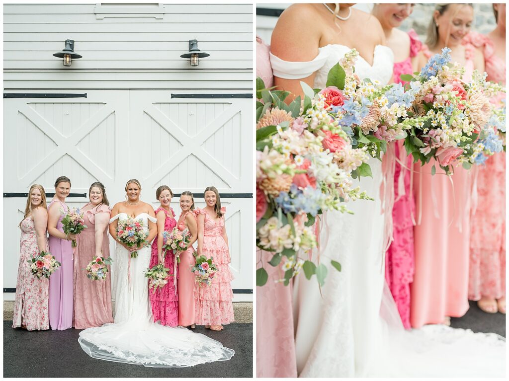 Bride and bridesmaids in mismatched pink dresses posing in front of white barn doors beside a close-up of their wildflower bouquets in coral, pink, blue, and white with eucalyptus greenery, Star Barn summer wedding, Heather Marie Photography