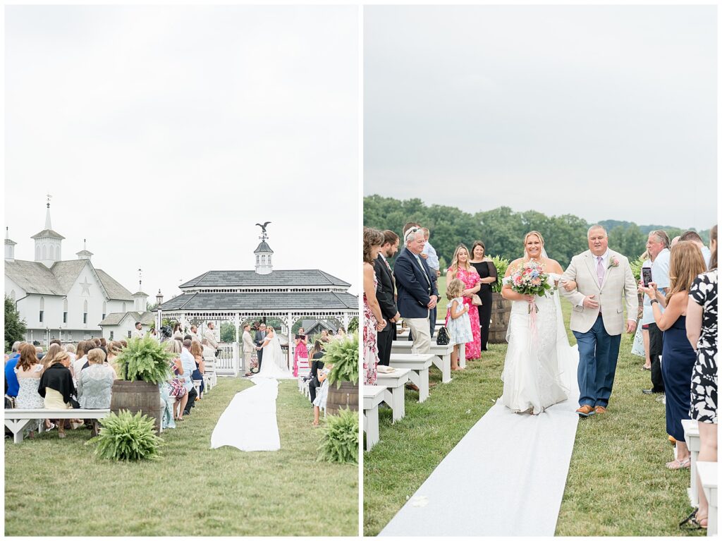 Wide ceremony shot at Stone Gables Estate with guests seated on white benches and the iconic Star Barn buildings visible in the background beside a photo of bride Alyssa beaming as she walks down the outdoor aisle with her father, Heather Marie Photography
