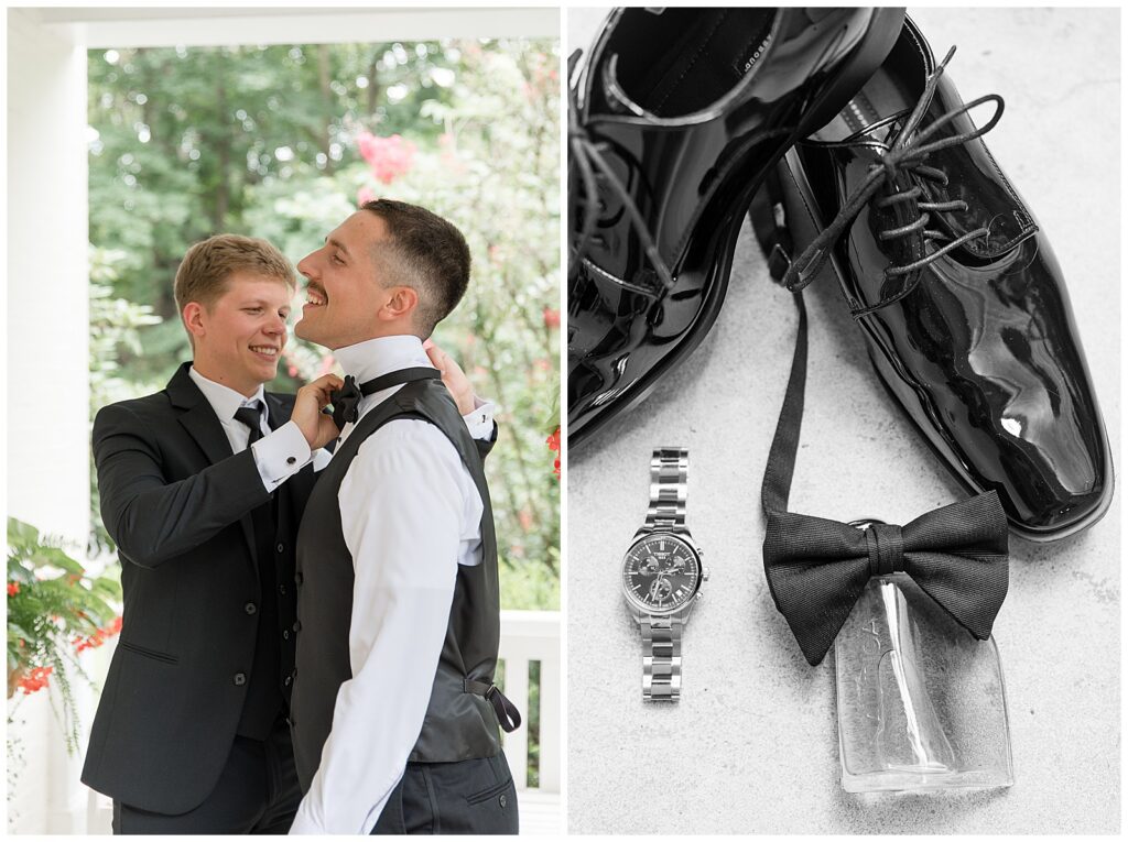 Groom laughing with groomsman while getting bow tie adjusted, groom's detail flat lay with black shoes watch and bow tie