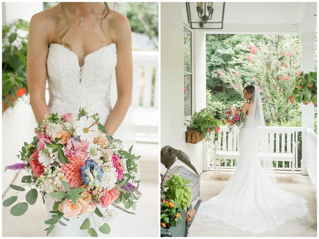 Close up of colorful bridal bouquet with dahlias and roses by Pinewood and Posies, bride in lace gown on Riverdale Manor porch