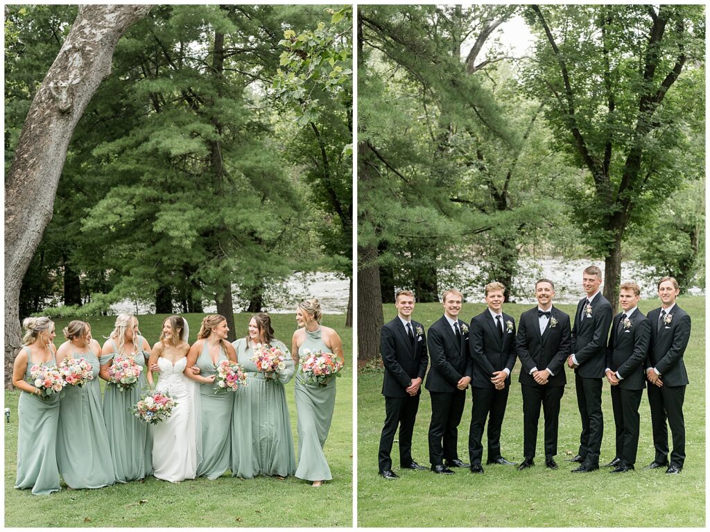 Bridesmaids in sage green dresses on left, groomsmen in black suits on right at Riverdale Manor Lancaster PA