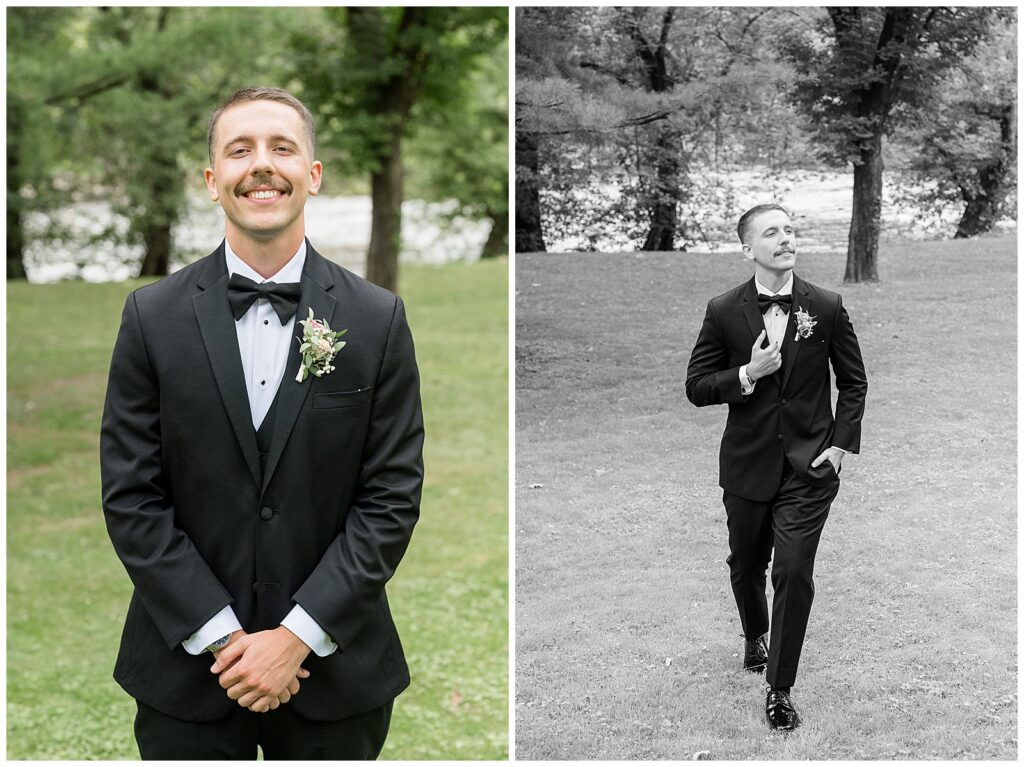 Groom in black tuxedo smiling portrait and black and white walking portrait at Riverdale Manor Lancaster PA