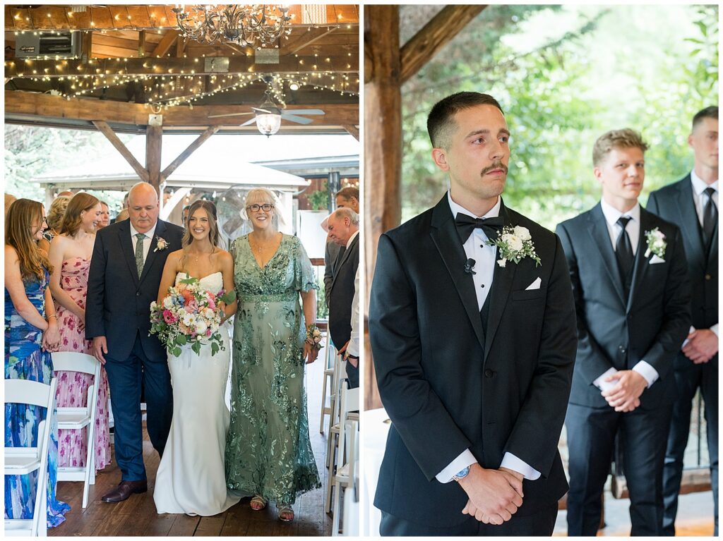 Bride walking down the aisle with both parents at Riverdale Manor ceremony pavilion, groom emotional watching bride approach