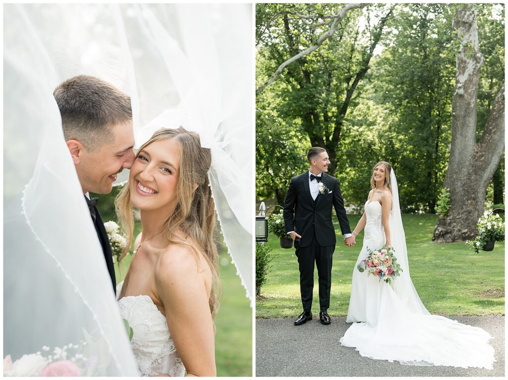 Bride and groom veil portrait close up and full length portrait holding hands on Riverdale Manor driveway