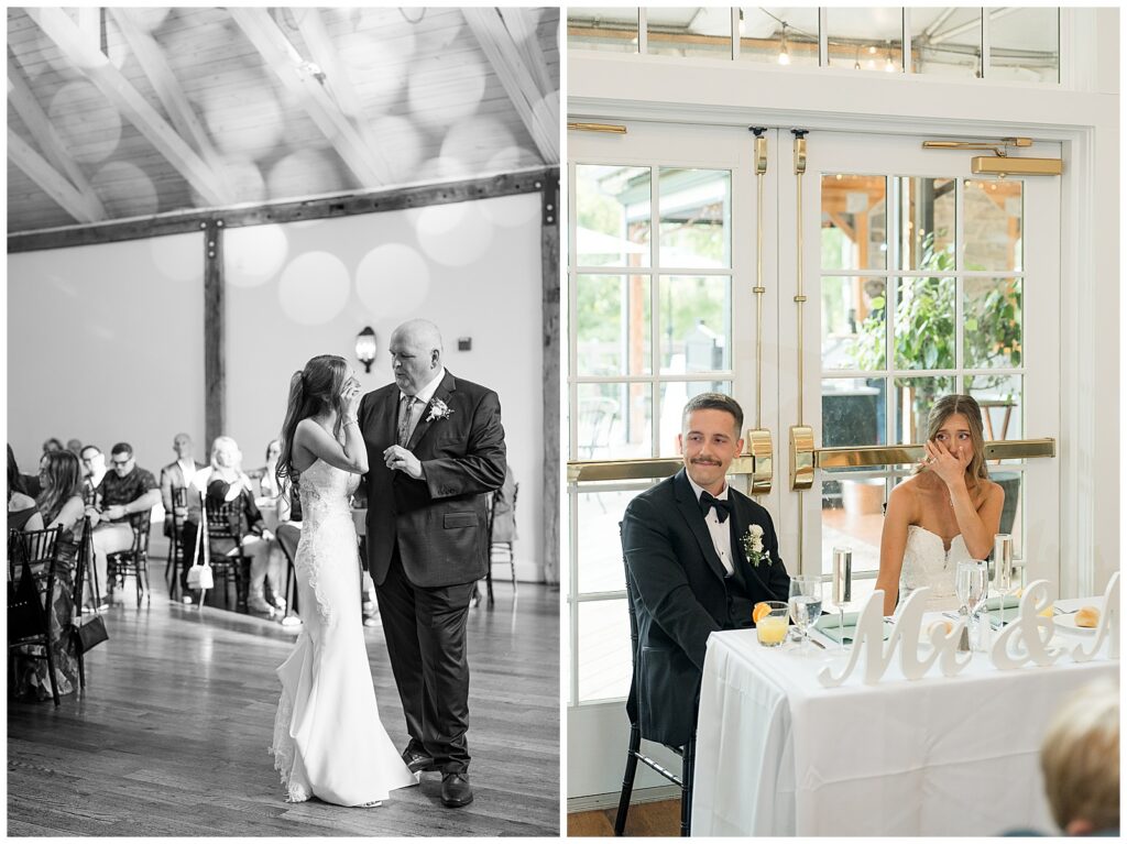 Black and white photo of bride and father sharing father daughter dance, bride and groom emotional during wedding toasts at Riverdale Manor