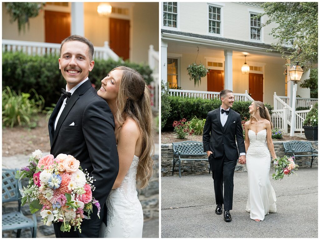 Bride and groom evening portraits in front of Riverdale Manor, bride and groom laughing while walking hand in hand at dusk